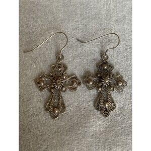 925 Sterling Silver Ornate Filigree Dangle Cross Earrings Vintage Estate Jewelry